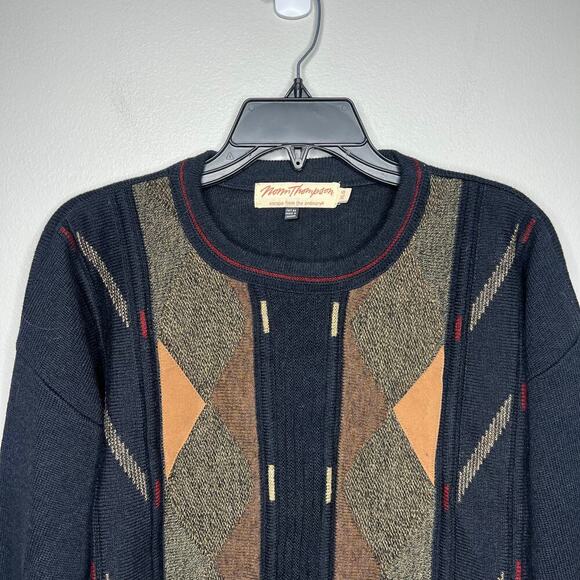 VTG Norm Thompson Wool Leather 3D TEXTURED SWEATER XL Coogi Style Biggie Cosby - Picture 2 of 9